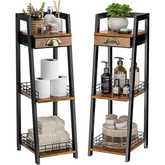 X-COSRACK 3-Tier Narrow Bathroom Storage Cabinet with Drawer, Freestanding Slim Ladder Shelf Organizer for Small Spaces, Rustic Brown