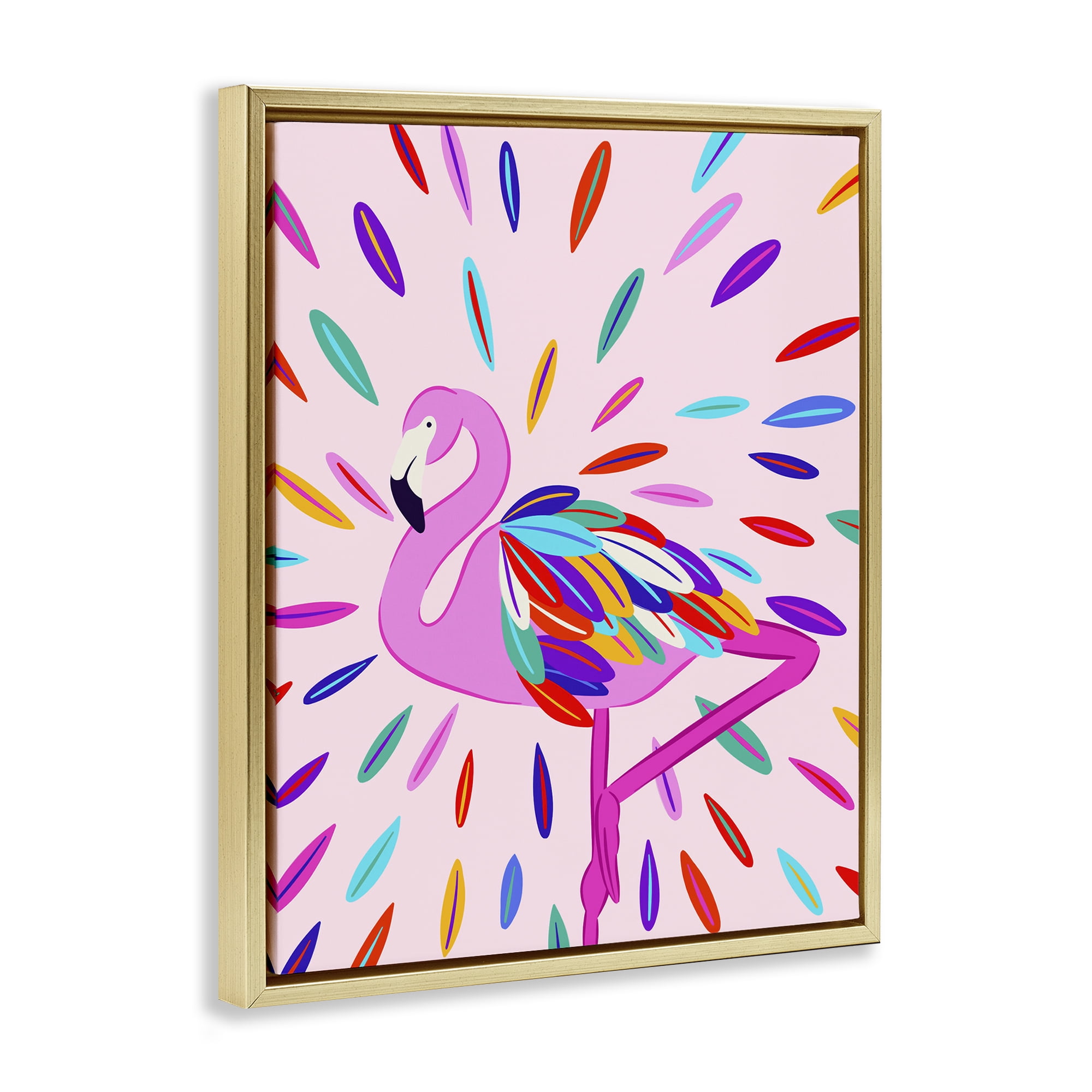 Stupell Industries Flamingo Feather Flair Animals Painting Gold Floater Framed Canvas Art Print Wall Art, 25 x 31