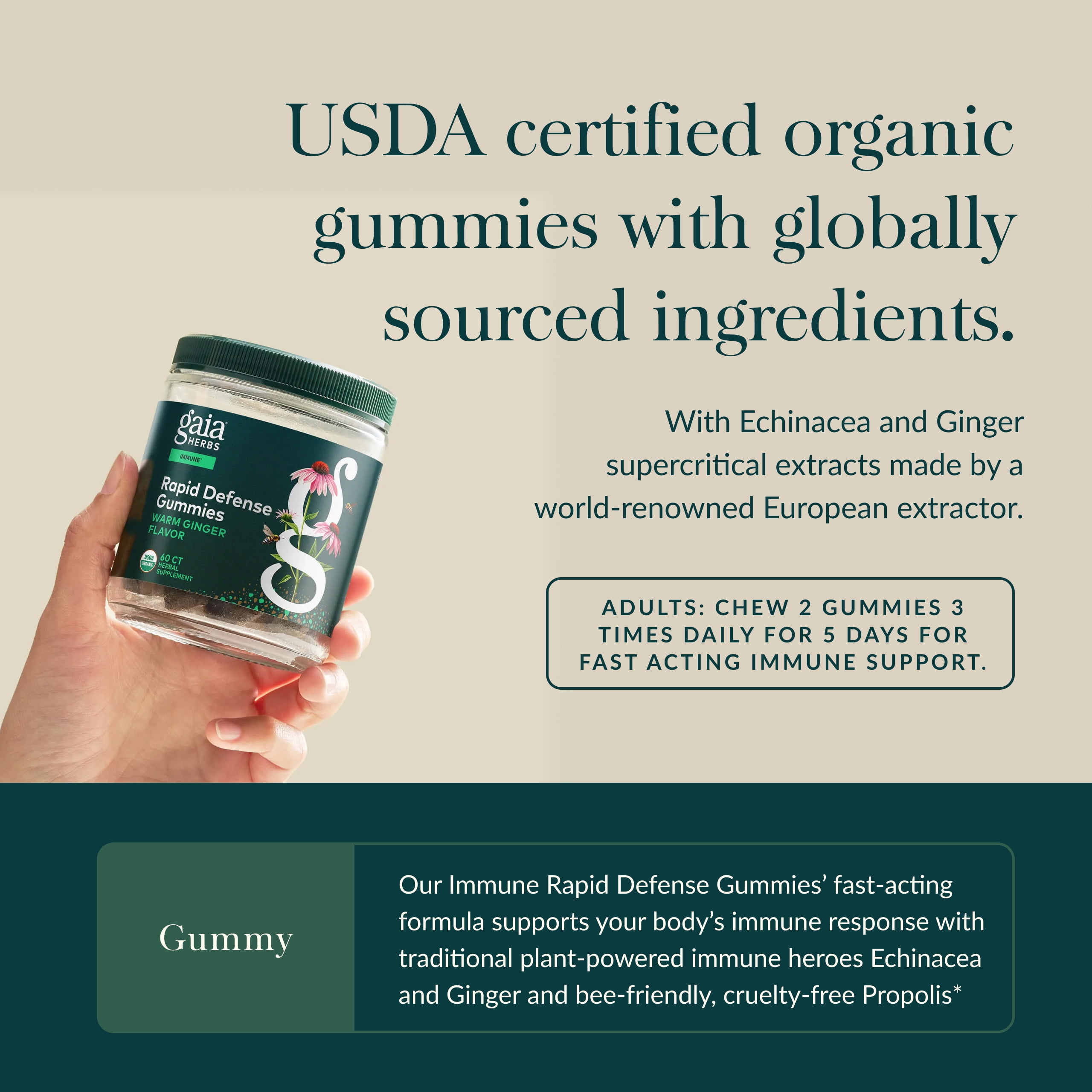Gaia Herbs Organic Immune Rapid Defense Gummies - Supports Immunity - With Propolis, Ginger, and Echinacea - 60 Count (30-day Supply)