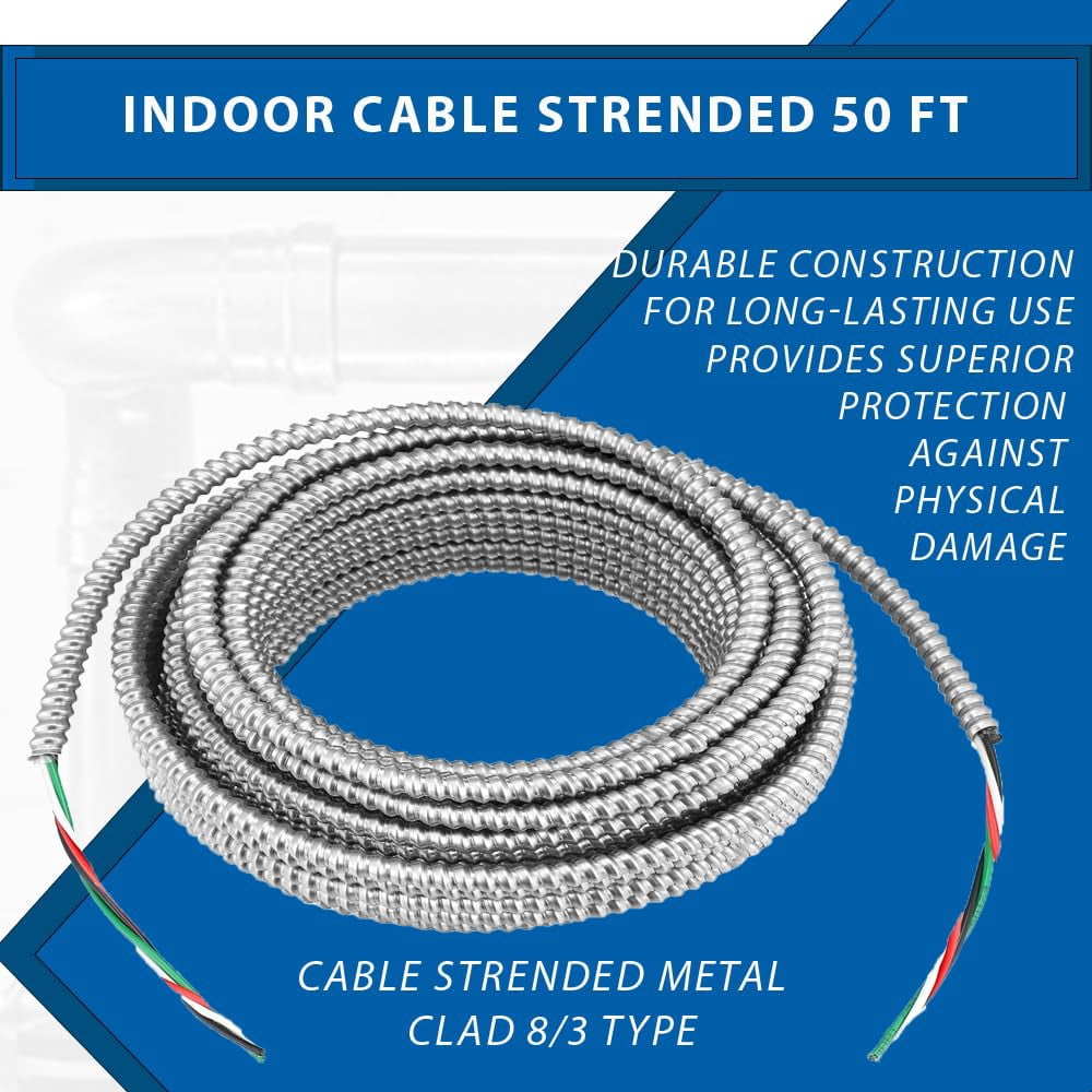 8/3 MC Cable Metal Clad Type 8 AWG 3 Cable with Ground Aluminium Armor Solid Copper Conductor for Indoor 25 Ft