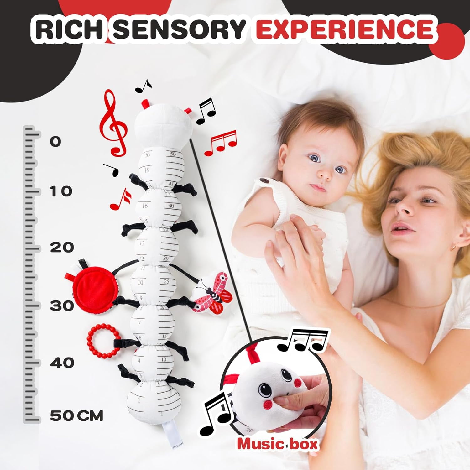 Musical Baby Growth Chart Plush Toy with Mirror, Rattle & Teether, Crawling Companion for 0-12 Months Infant Gift