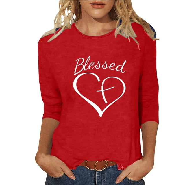 Penkiiy Hauts à Manches 3/4 Imprimés Cœur Col Rond Tunique de la Saint-Valentin Blouse m Rouge