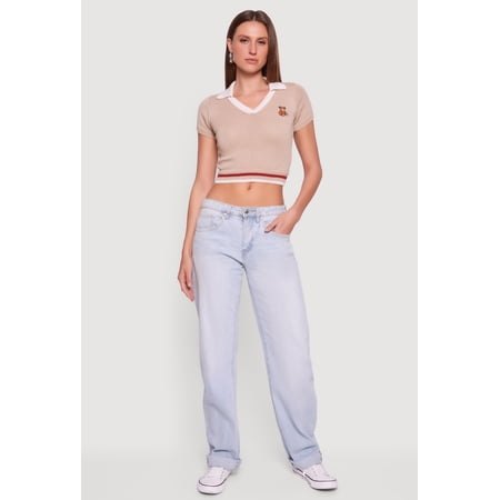 Women's Teddy Bear Graphic Contrast Trim Cropped Polo Sweater