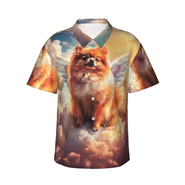 Balery Cute Cloud Pomeranian Camisas hawaianas de manga corta para hombre, camisas playeras de corte holgado, camisas de vacaciones con botones,Large