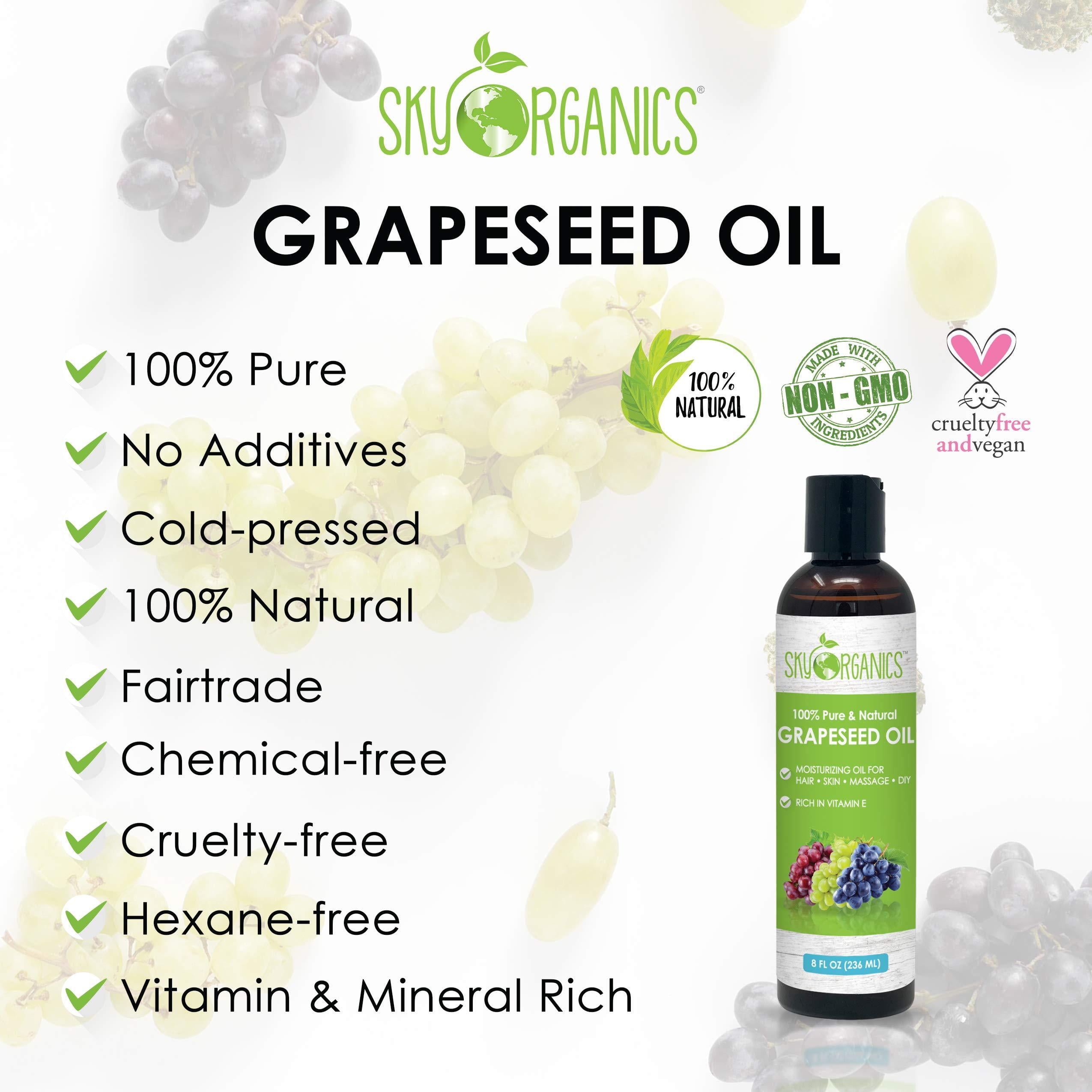 Sky Organics Organic Grapeseed Oil for Face, 100% Pure & Cold-Pressed USDA  Certified Organic to Moisturize, Clarify & Brighten, 8 fl. Oz
