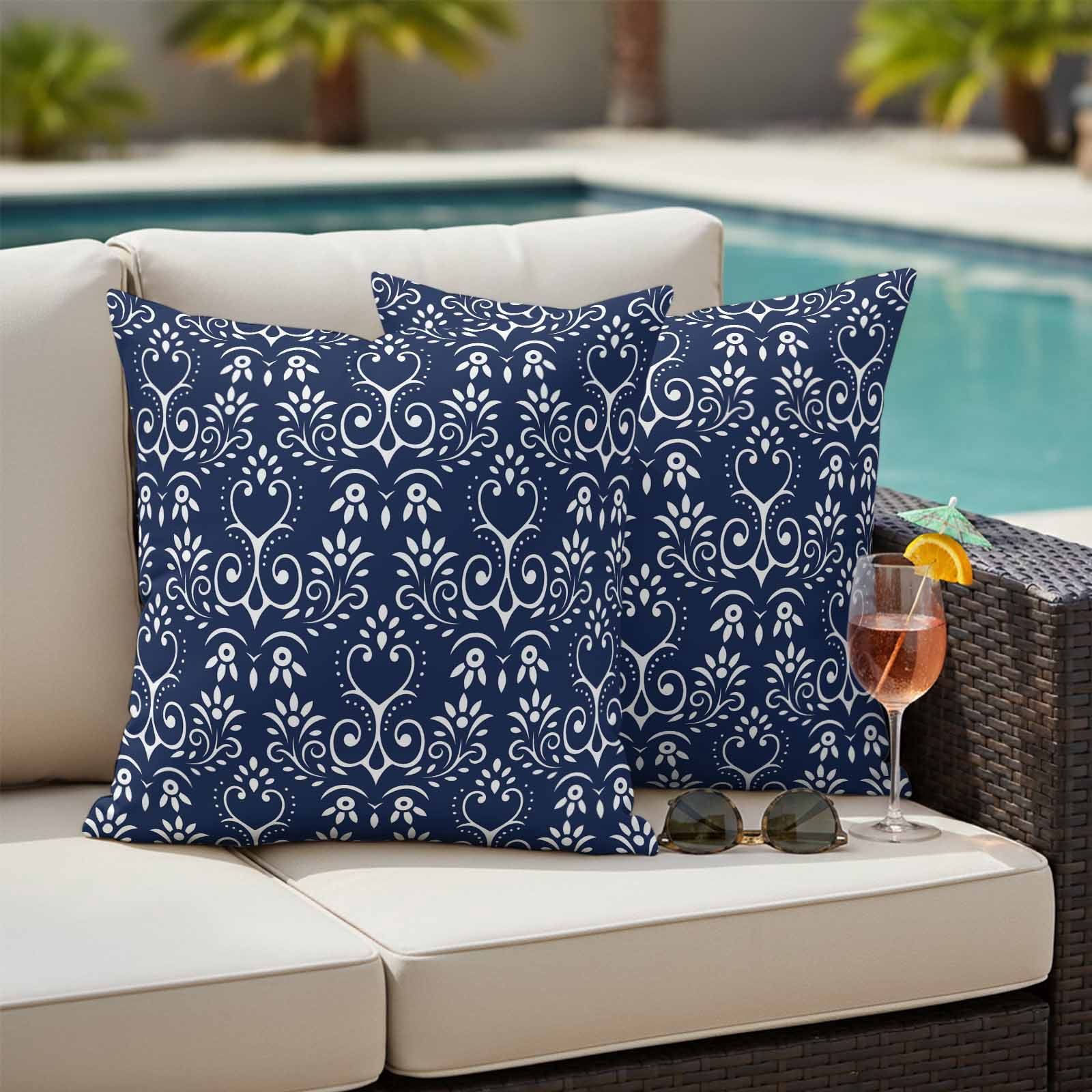 Navy Blue Spring Floral Outdoor Waterproof Pillow Covers, Modern Abstract Art Farmhouse Decorative Square Throw Pillowcase Sofa Cushion Sham for Patio/Couch/Chair, 26"x26" 2 Pack