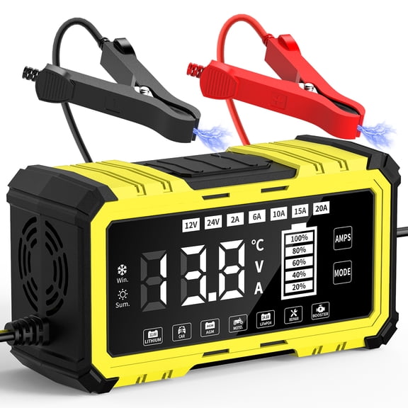 HUSGW 12V/20A,24V/10A Smart Battery Charger, Adjustable Current, Matte Surface, Black and White Screen, US Plug, Compatible with Lead-Acid, Ternary Lithium, LiFePO4 Batteries for Cars and Motorcycles