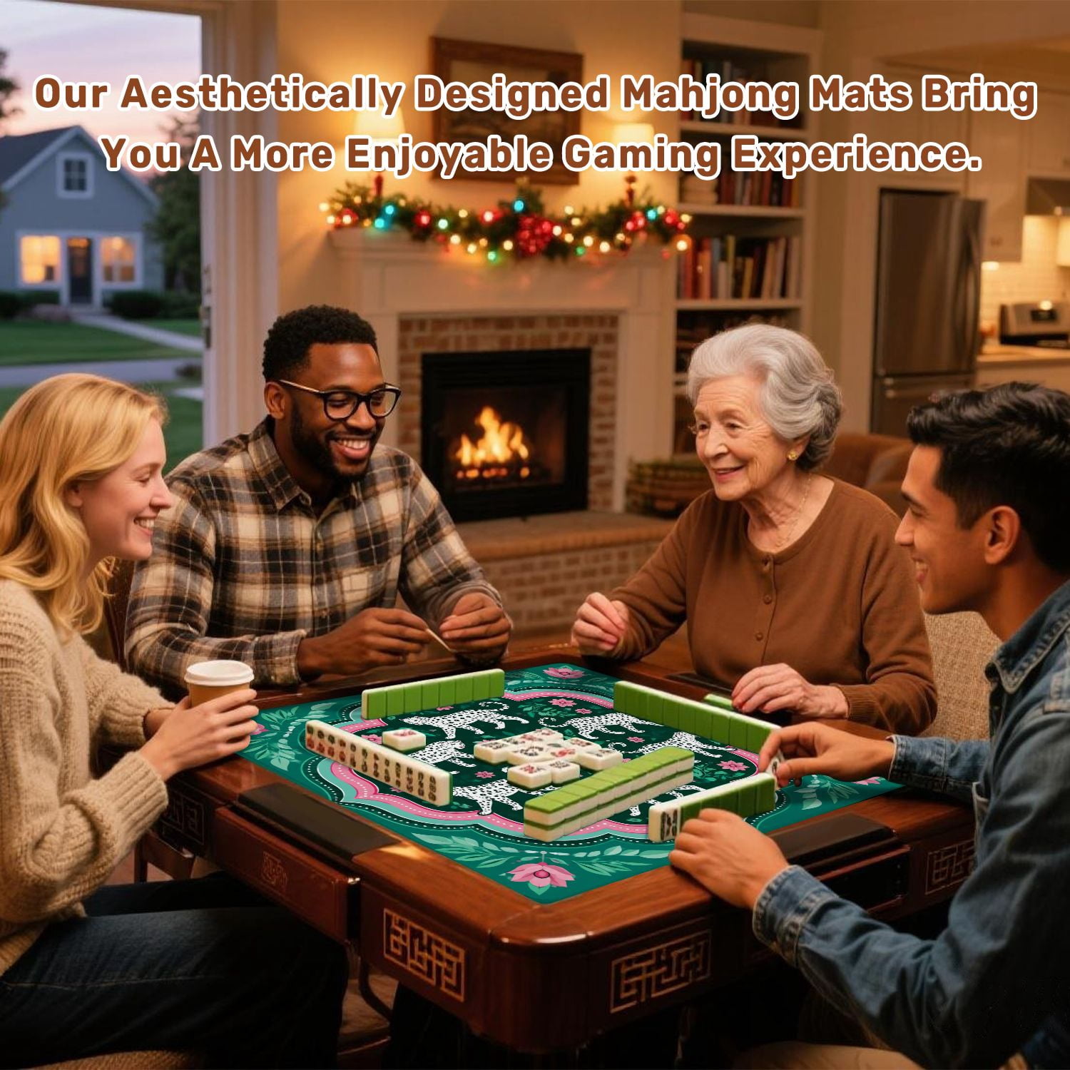 Mahjong Mat 31.5" x 31.5" White Leopards Floral Pink Green Accents Non-Slip Noise Reduction American Mahjong Tiles Table Cover for Dominoes Poker Card Board Games Gift