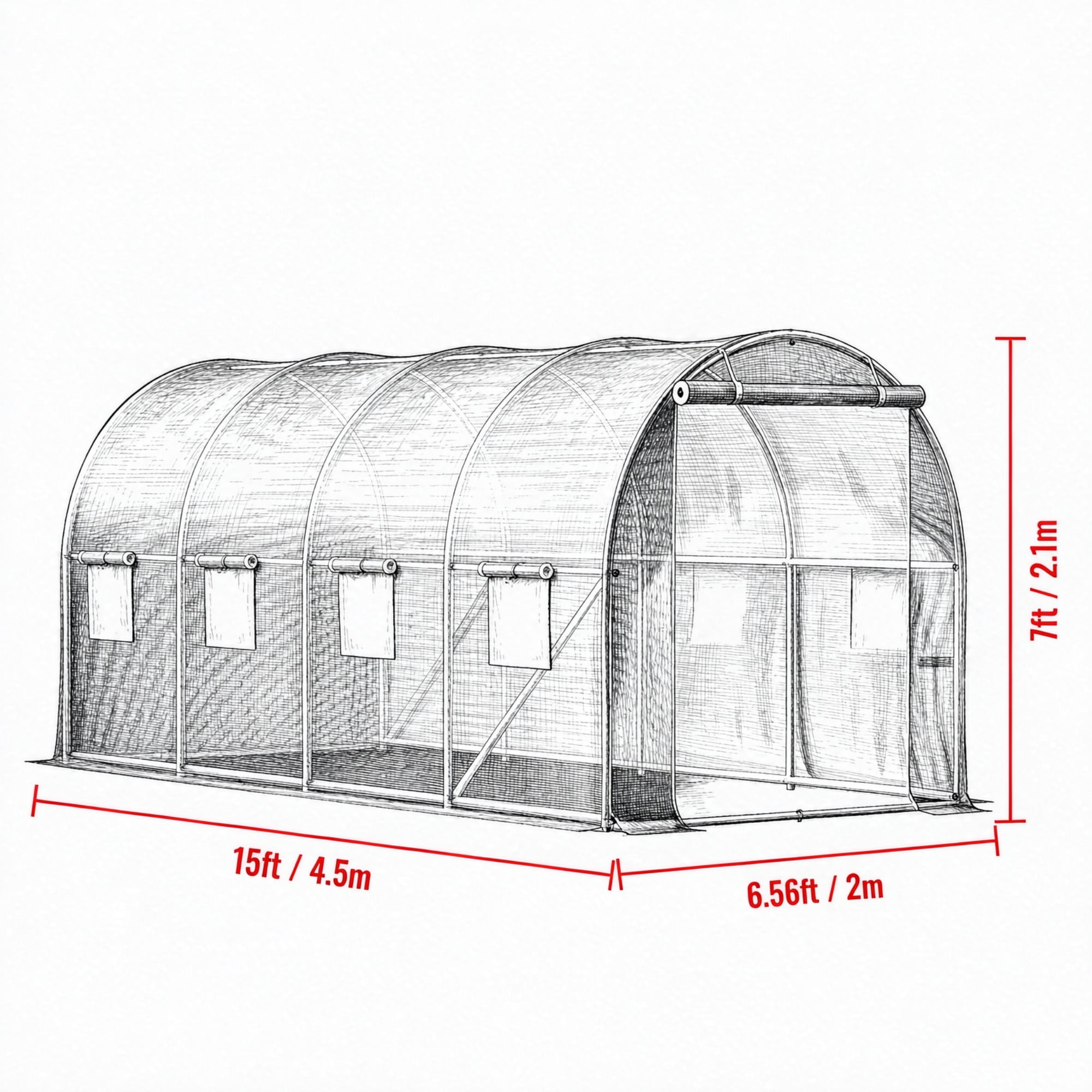 Walk-in Greenhouse, Portable Plant Hot House with Galvanized Steel Hoops, 1 Top Beam & Diagonal Poles, Zippered Door & 8 Roll-up Windows, White 15 x 6.5 x 7ft