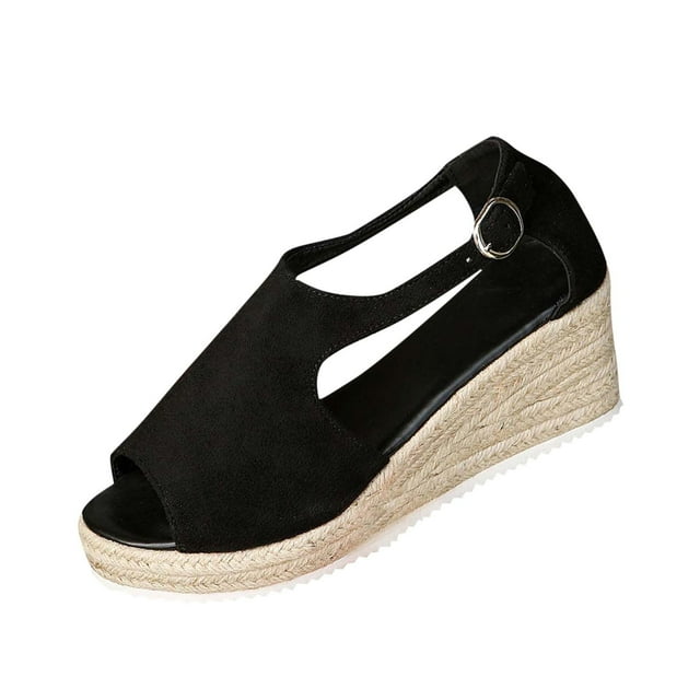 Sandales Compensées Confortables et Respirantes pour Femmes Noires Mode Décontractée Polyvalente Usage Quotidien Bouche de Poisson Boucle Style Printemps Été pour Activités Extérieures