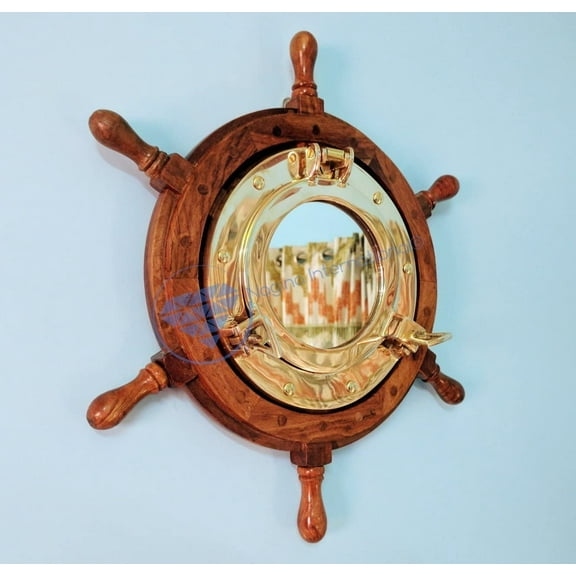 Nagina International Deluxe Hand Crafted Nautical Elite Wooden Ship Wheel with Decorative Polished Brass Porthole Mirror (24 Inches)