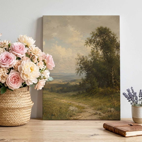 Beach Landscape Canvas Wall Art for Living Room, Country Vintage Sky Cloud Green Tree Flowers Poster Print Painting for Entryway Side Of Cabinet Decoration Wall Pictures Prepare To Hang 8"x12"