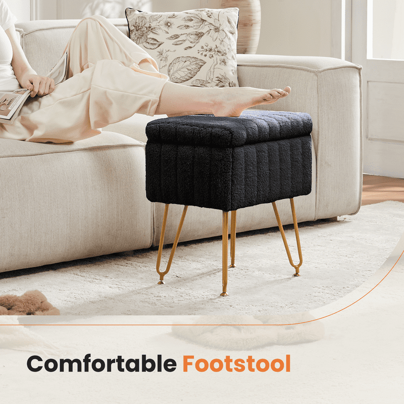 Gianna Square Ottoman with Storage, Makeup Cute Soft Small Footstool, Modern Style Faux Fur Seat with 4 Metal Legs & Adjustable Feet for Dressing, Living Room Bedroom Dorm, Black