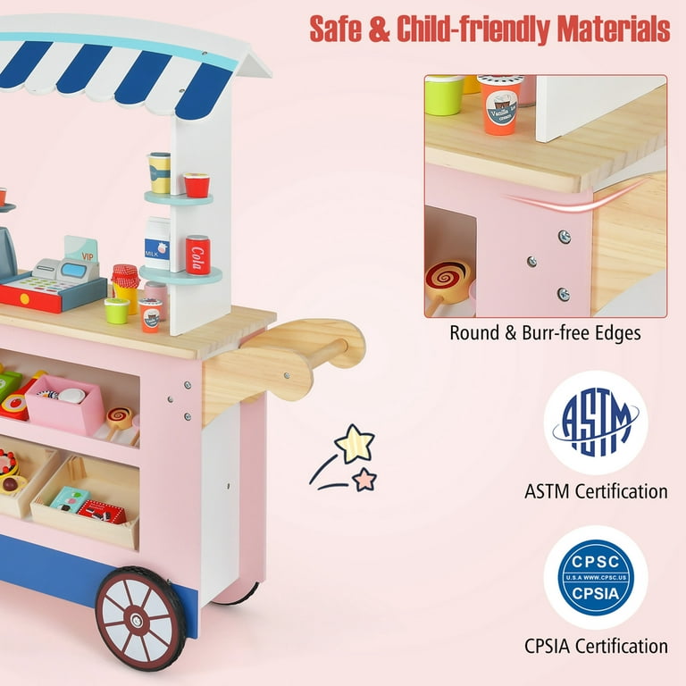 Costway Kids Snacks & Sweets Food Cart Kids Toy Cart Play Set with 30 PCS  Accessories 