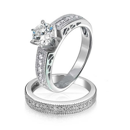 1.5CT Round Solitaire 6 Prong Milgrain AAA CZ Engagement Wedding Pave Band Ring Set For Women 925 Sterling Silver