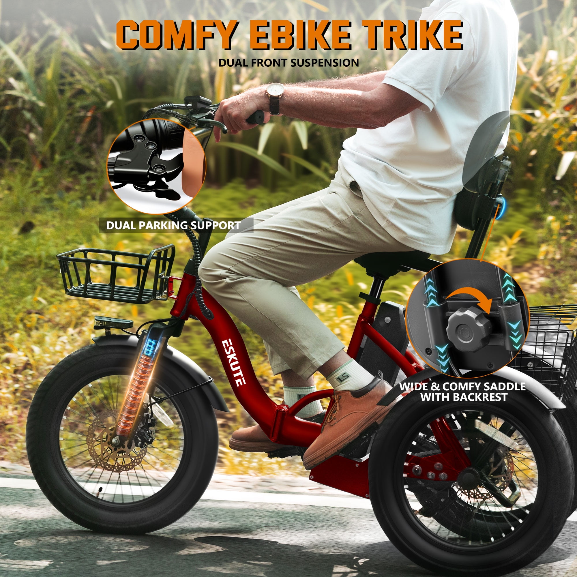 ESKUTE Red E Trike Electric Bike, Peak 1200W Brushless Motor Folding Trike 18X3.0 Fat Tire Ebike, 499Wh Removable Battery, Step-Thru 3 Wheel Electric Bicycle, 48V 13AH 18MPH+ Tricycle for Adults