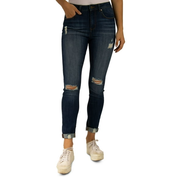 Indigo Jeans Skinny à Revers Roulé Taille Haute Rein Destructed, Bleu Foncé, 3