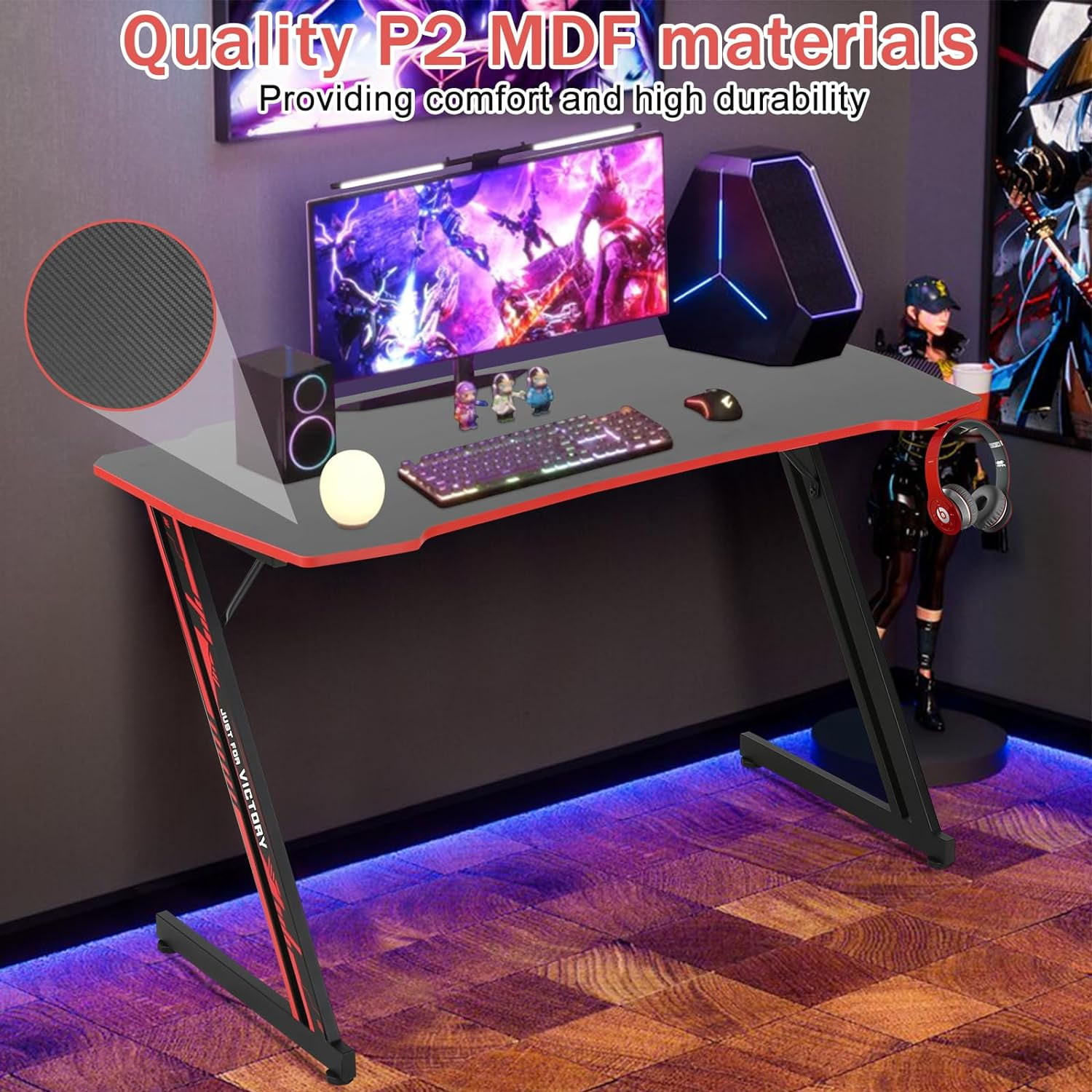 Dkelincs 47 inch Gaming Desk Z-Shaped Computer Desk Home Office Desk with Headphone Hook, Red