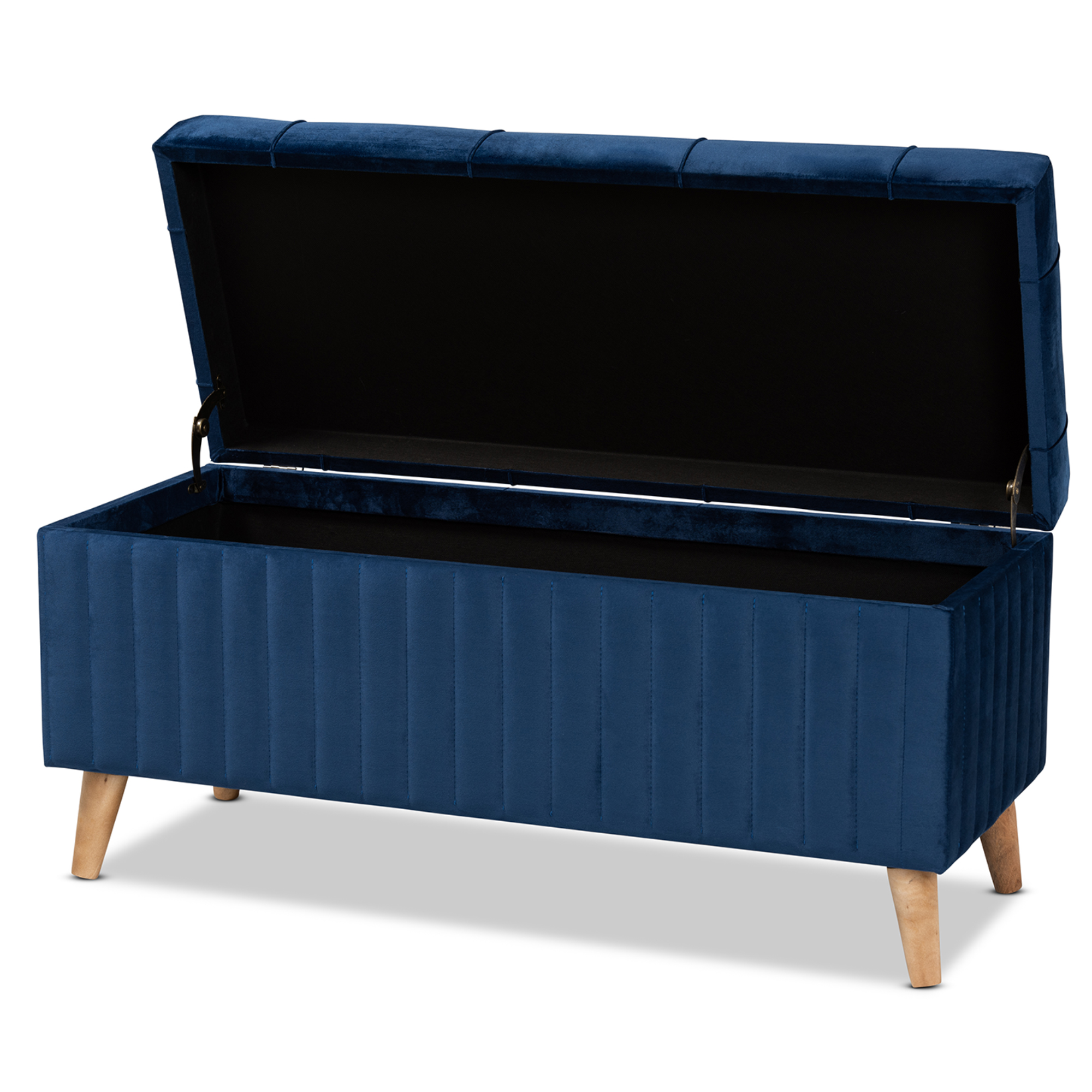 Baxton Studio Hanley Modern and Contemporary Navy Blue Velvet Fabric Upholstered and Walnut Brown Finished Wood Storage Ottoman