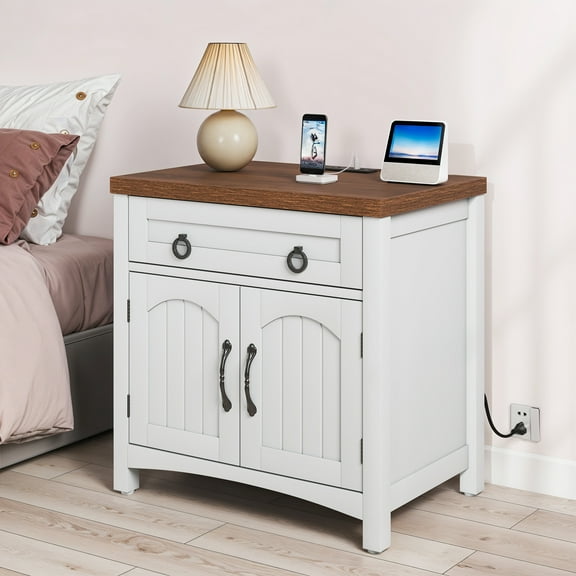Uforic Nightstand Bedside Table with Doors & Drawer, End Table with Charging Station, White