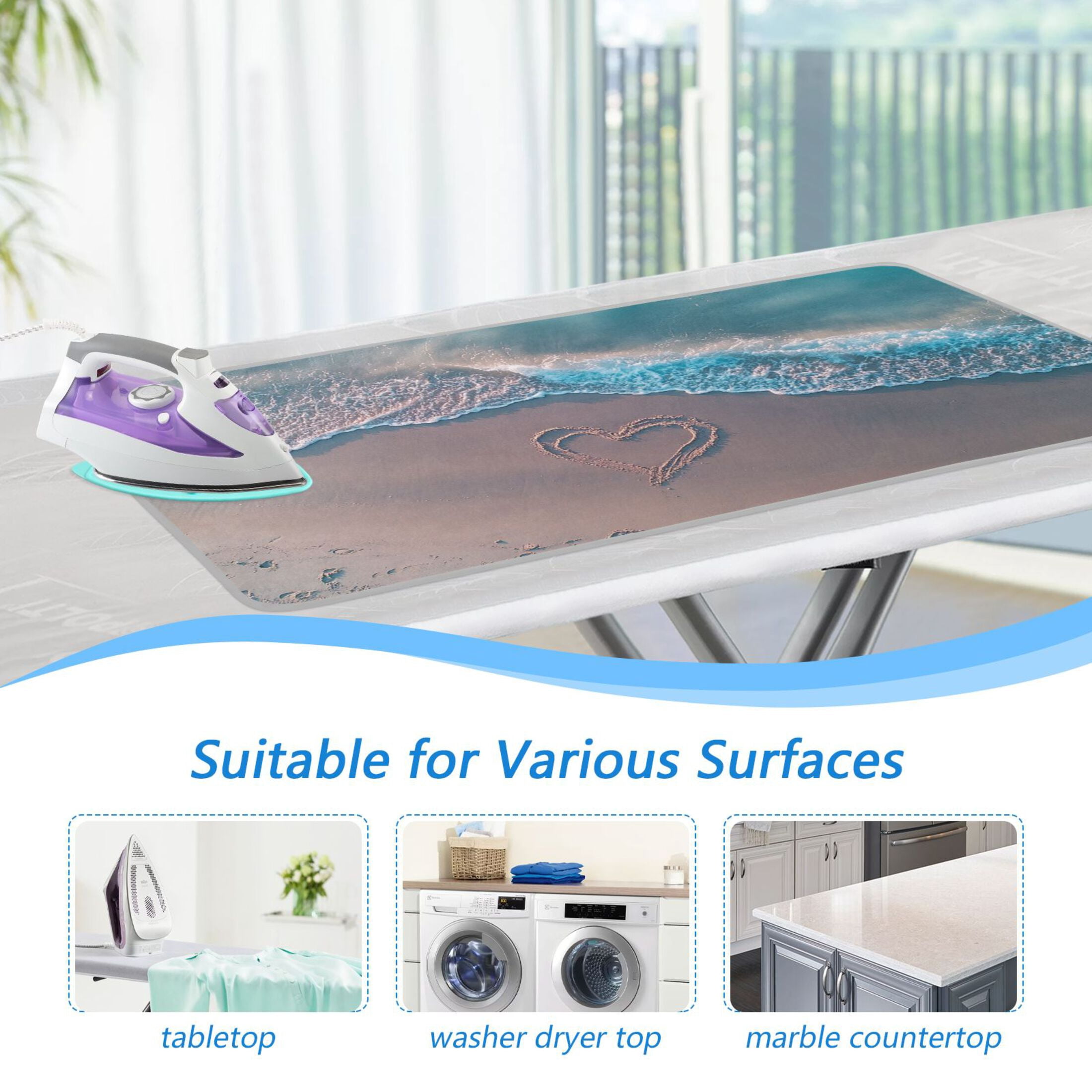 Heart Drawn Pattern on Beach Valentine Ironing Mat Blanket Portable Travel Ironing Pad Heat Resistant Pad 47.2" x 27.6”