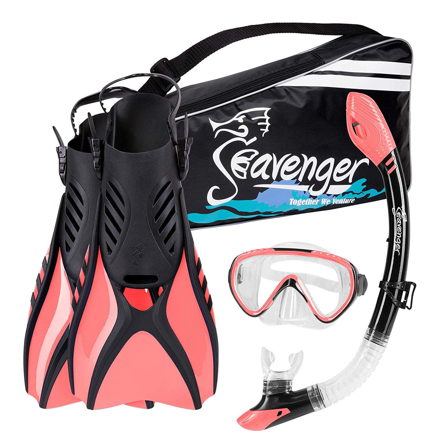 Used Seavenger Adults Kids Dry Top Snorkel Mask Fins Bag with New Mouthpiece Set 