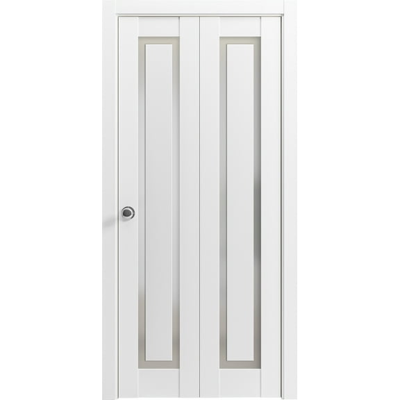 Sliding Closet Bi-fold Doors 48 x 80 inches | Planum 0888 Painted White with Frosted Glass | Sturdy Tracks Moldings Trims Hardware Set | Wood Solid Bedroom Wardrobe Doors