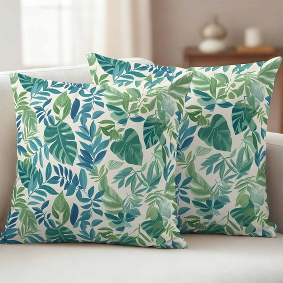 Pack of 2 Outdoor Pillow Covers,Waterproof Palm Leaves Throw Pillow Covers,Green Blue Tropical Plants Summer Country Decorative Pillowcases Cushion Covers for Couch Pillow Sham Protector 24x24 Inch