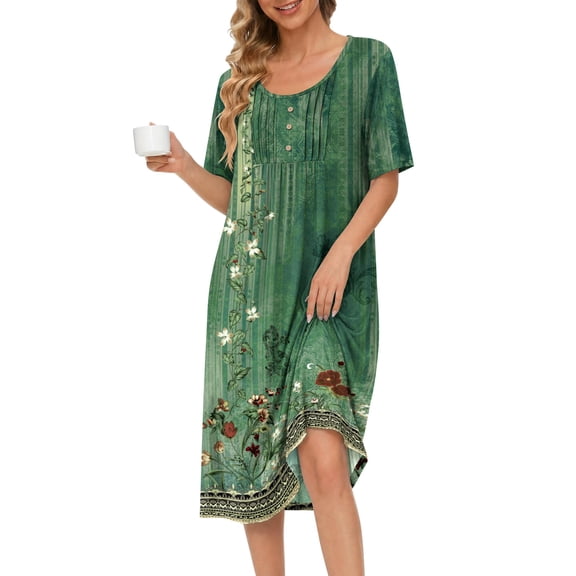 Ekouaer Nightgowns for Women Short Sleeve House Dresses with Pockets Pleated Moo moos Floral Print Mumu Dress
