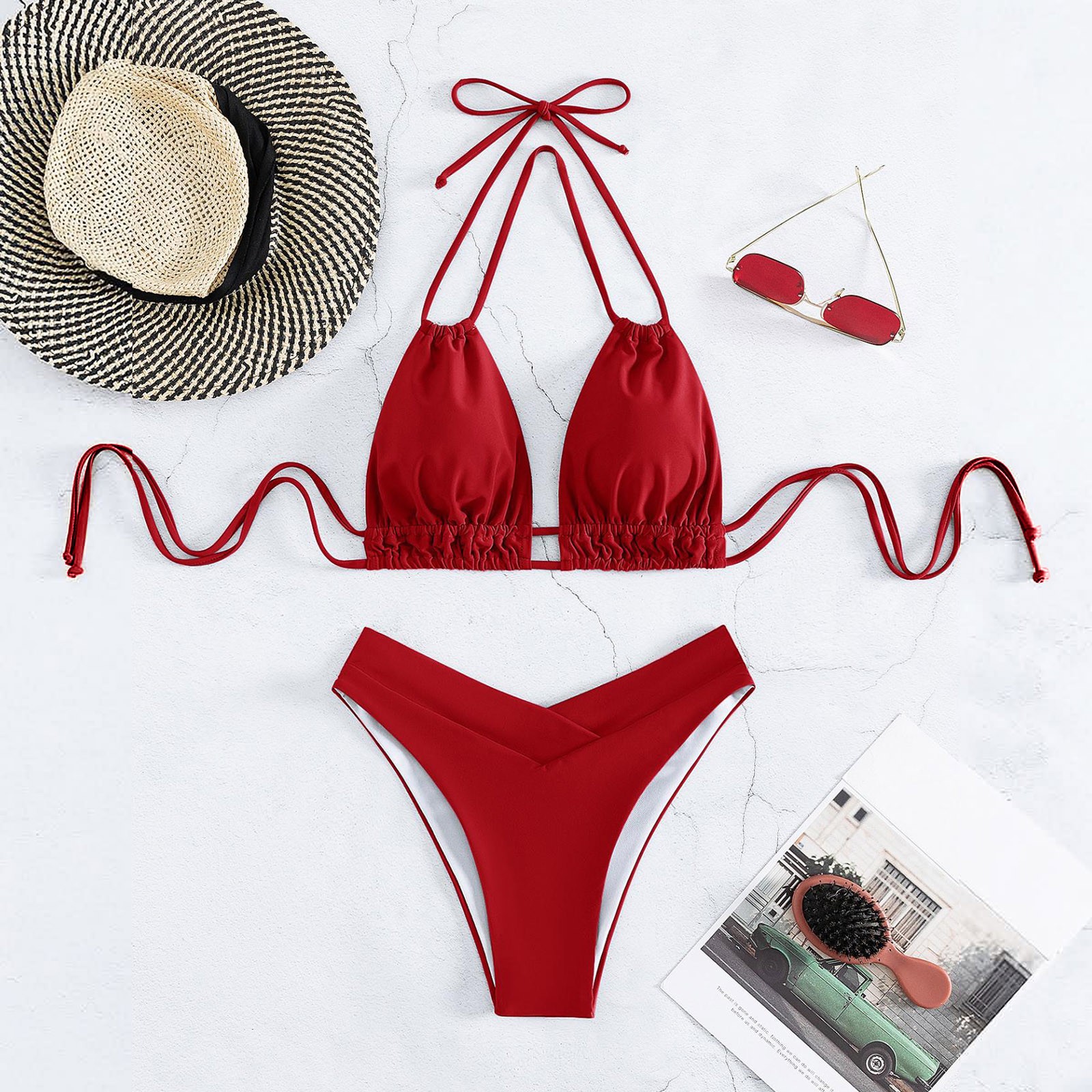 Bikini Trois Pièces Femme Cupshe - Col En V Profond, Dos Nu Noué, Sarong Taille Basse, Parfait Vacances Plage Et Piscine