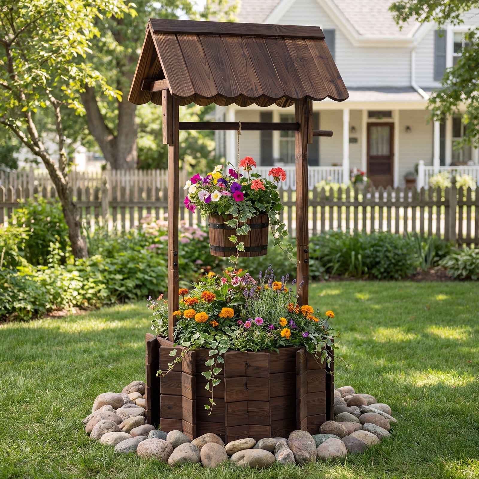 Costway Outdoor Wooden Wishing Well Bucket Flower Plants Planter Patio Garden Home Decor