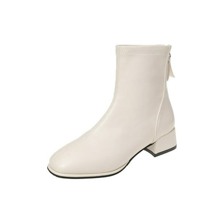 

Lacyhop Womens Work Plush Lined Winter Shoes Breathable Chunky Block Heel Bootie Comfort Mid Calf Ankle Boots Beige 9