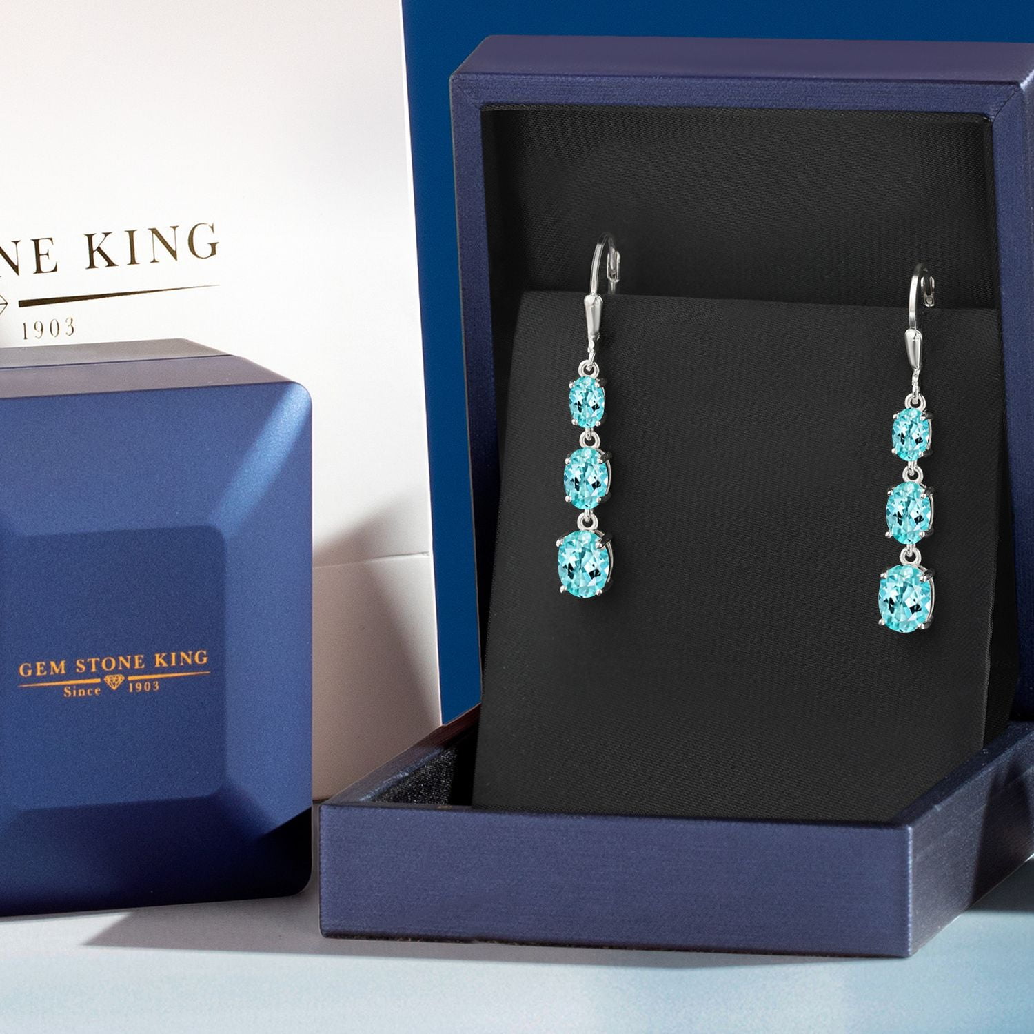 Gem Stone King 925 Sterling Silver Blue Apatite 3 Stone Dangle Earrings for Women (5.09 Cttw, Gemstone Birthstone, Oval 8X6MM, 7X5MM and 6X4MM)