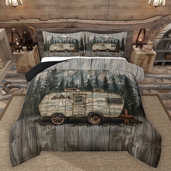Manfei Camping Car Bedding Comforter Set 2pcs for Kids Children Teens,Jungle Adventure Theme Twin Comforter Sets Microfiber,Rustic Cabin Breathable Bedding Set,Breathable Home Decor,Reversible