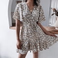 thumbnail image 3 of TBWYF Women's Floral Flouncing Sleeve V Neck Chiffon Dress Khaki L, 3 of 4