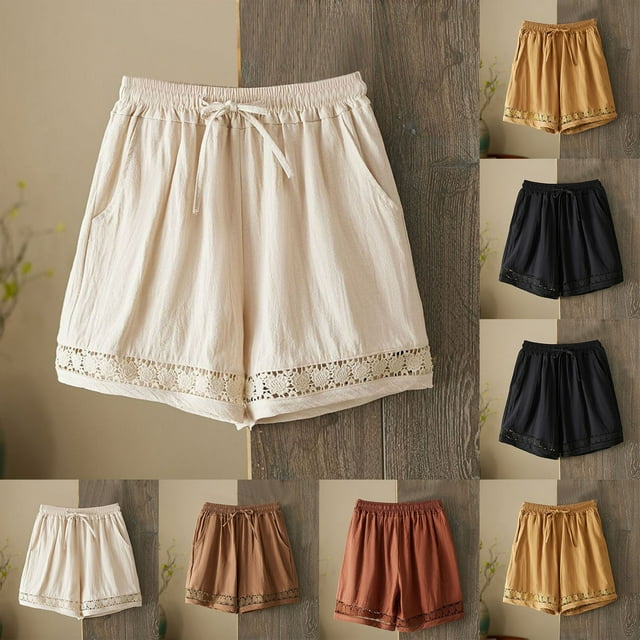 Yourumao Linen Shorts for Women Drawstring Elastic Waist Shorts Hollow Out Solid Pants Lightweight Plus Size Shorts with Pocket