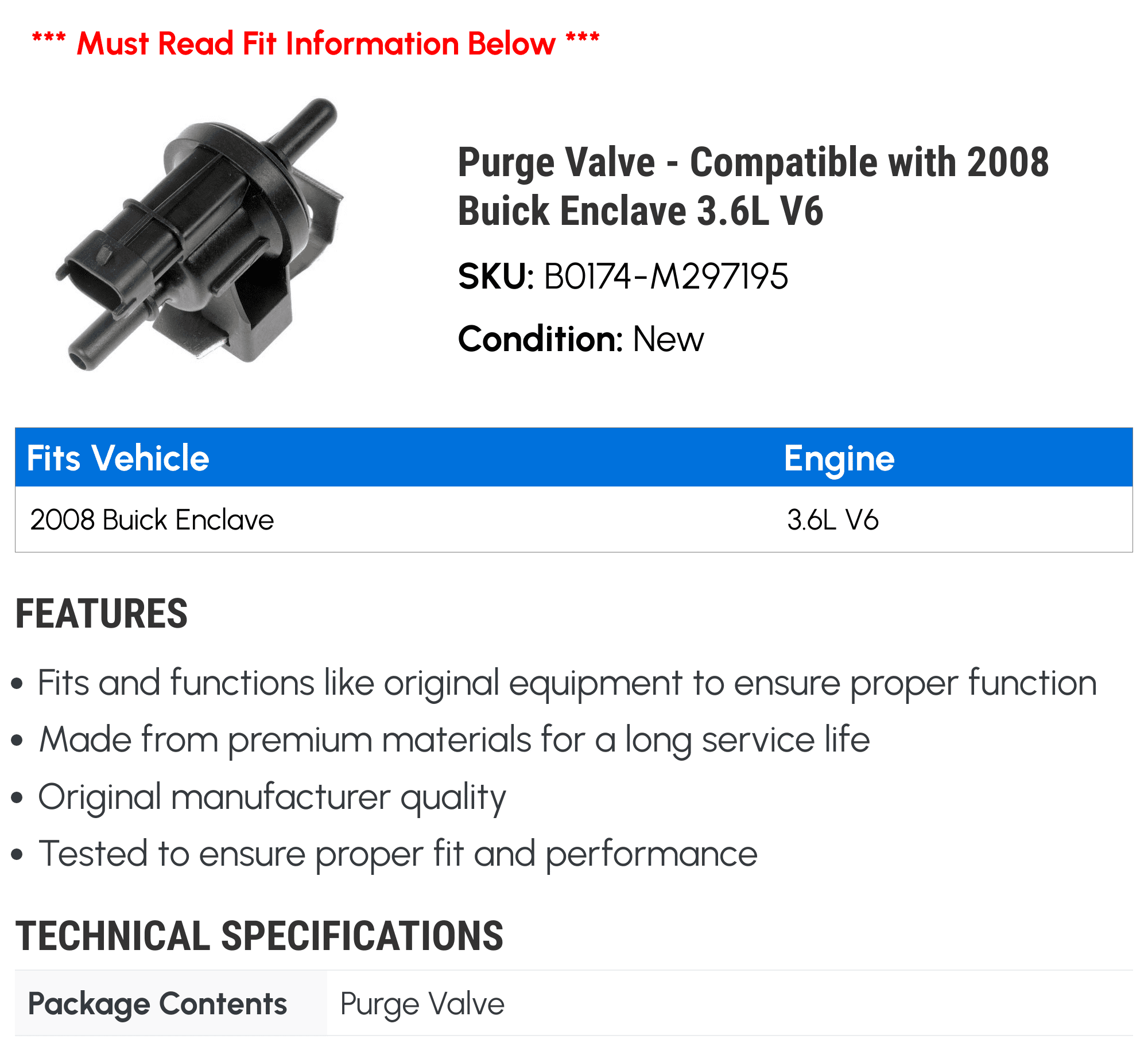 Purge Valve - Compatible with 2008 Buick Enclave 3.6L V6