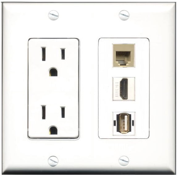 RiteAV - 15 Amp Power Outlet 1 Port HDMI 1 Port USB A-A 1 Port Phone Beige Decorative Wall Plate