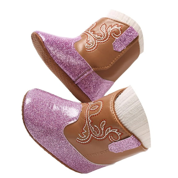 Baby Infant Glitter Ankle Boots Soft Faux Leather Cowboy Booties Toddler Non Slip Indoor Walking Shoes