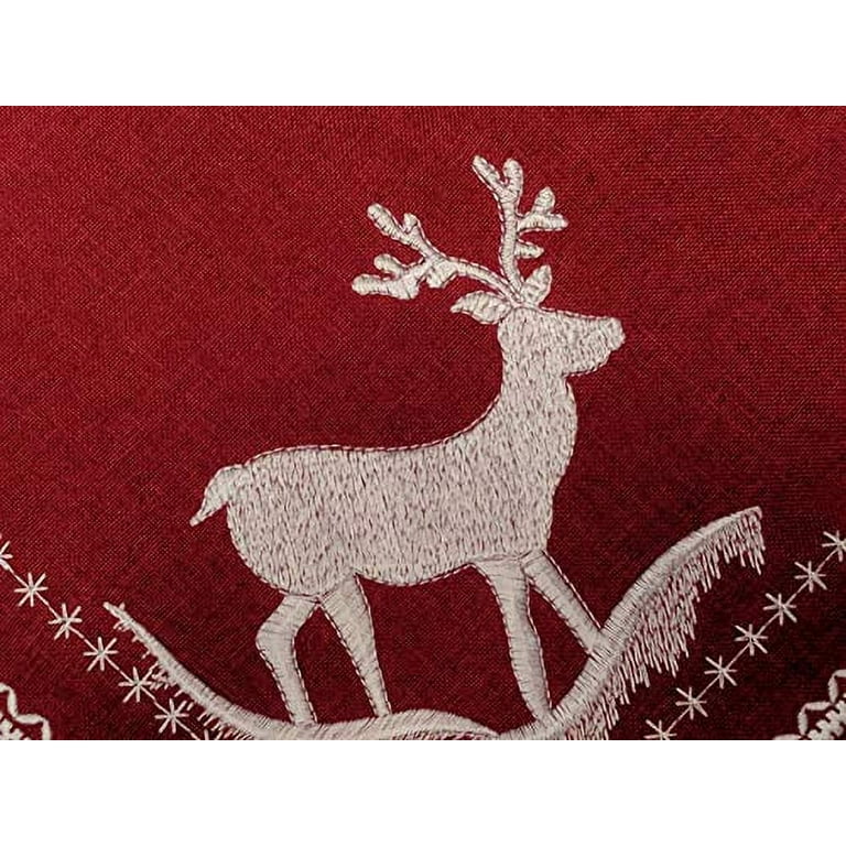 Doily Boutique Christmas Fireplace Mantel Scarf with a Reindeer and Church  on Red Burlap Linen Fabric, Size 90 x 21 inches