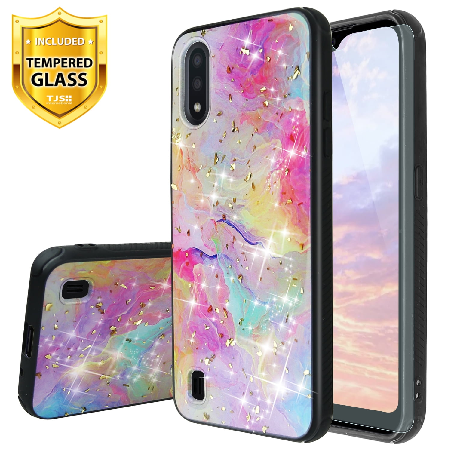 TJS Phone Case Compatible for Samsung Galaxy A01, with [Tempered Glass