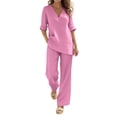 thumbnail image 2 of YABCSAZ Women's Cotton Linen 2-Piece V-Neck Top and Wide Leg Pants Set Casual Summer Outfits Lightweight Breathable Loose Fit Two Piece Set Pink, Gifts for Women, 2 of 8