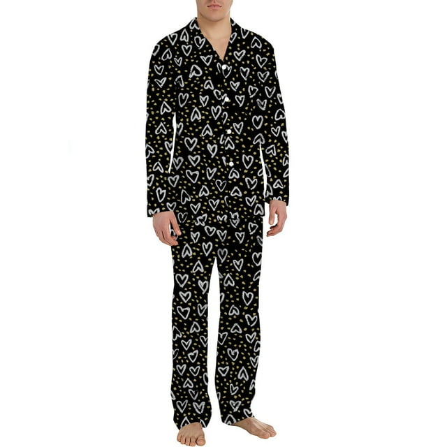 Bowake Valentines Day Pajama Mens Loungewear Set 2PCS Long Sleeve V Neck Button Down Top and Pant Set Pjs for Men