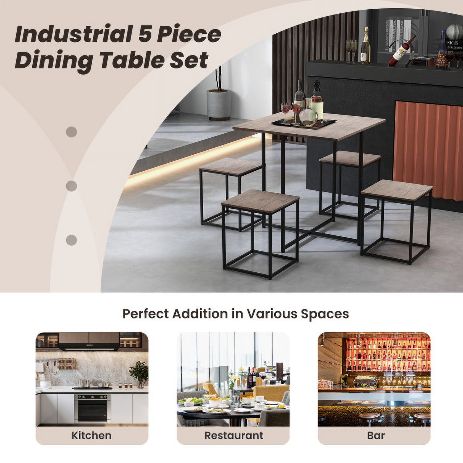 Finihen Dining Set, Dining Table Set, 5 Piece Dining Table Set with 4 Stools, for Home, Restaurant, Gray