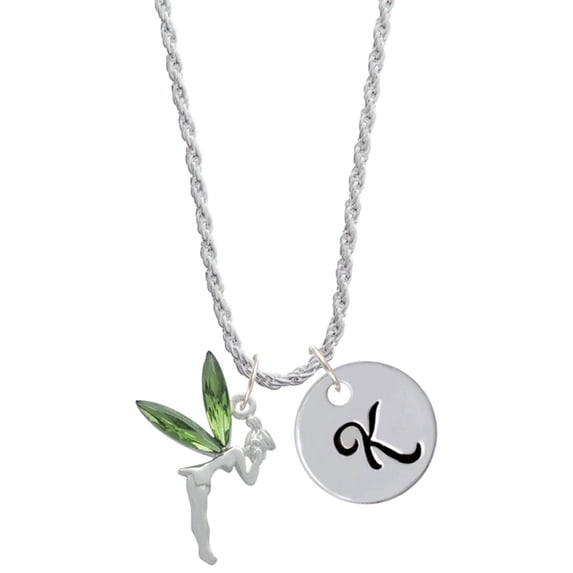 Delight Jewelry Silvertone Large Fairy with Lime Green Wings Silvertone Script Initial Disc - K - Charm Necklace, 20"+3"
