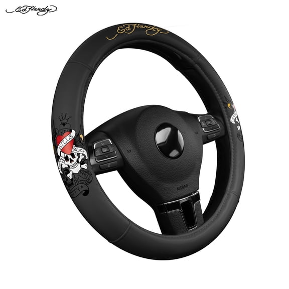 Ed Hardy Steering Wheel Cover, Premium Leather Steering Wheel Cover with Skull Art Design, Non-Slip Grip, Universal Fit for Cars, SUVs & Trucks (14.5"-15")Black