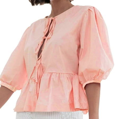 BBabaCats Front Tie Blouse for Women Puff Sleeve Tops Lace Up Summer Tshirt Ruffle Hem Babydoll Shirts Peplum Going Out Tops