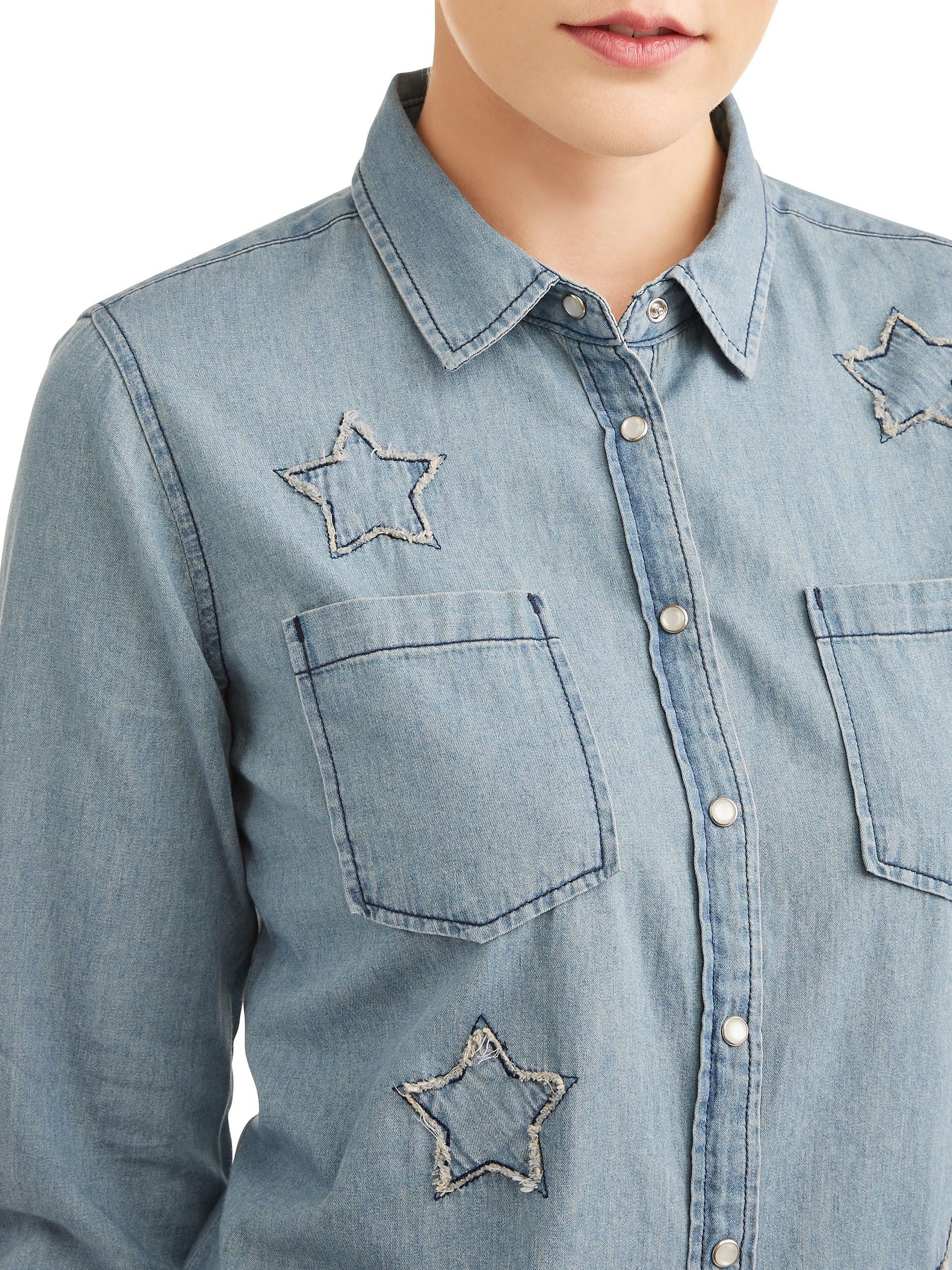 Women's Star Applique Roll Tab Denim Shirt