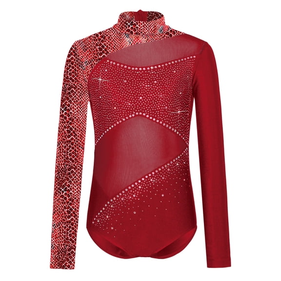 Eandarui Gymnastics Leotards for Girls Long Sleeve Mesh Shiny Rhinestones Ballet Dance Bodysuit for Dance Training Burgundy 8
