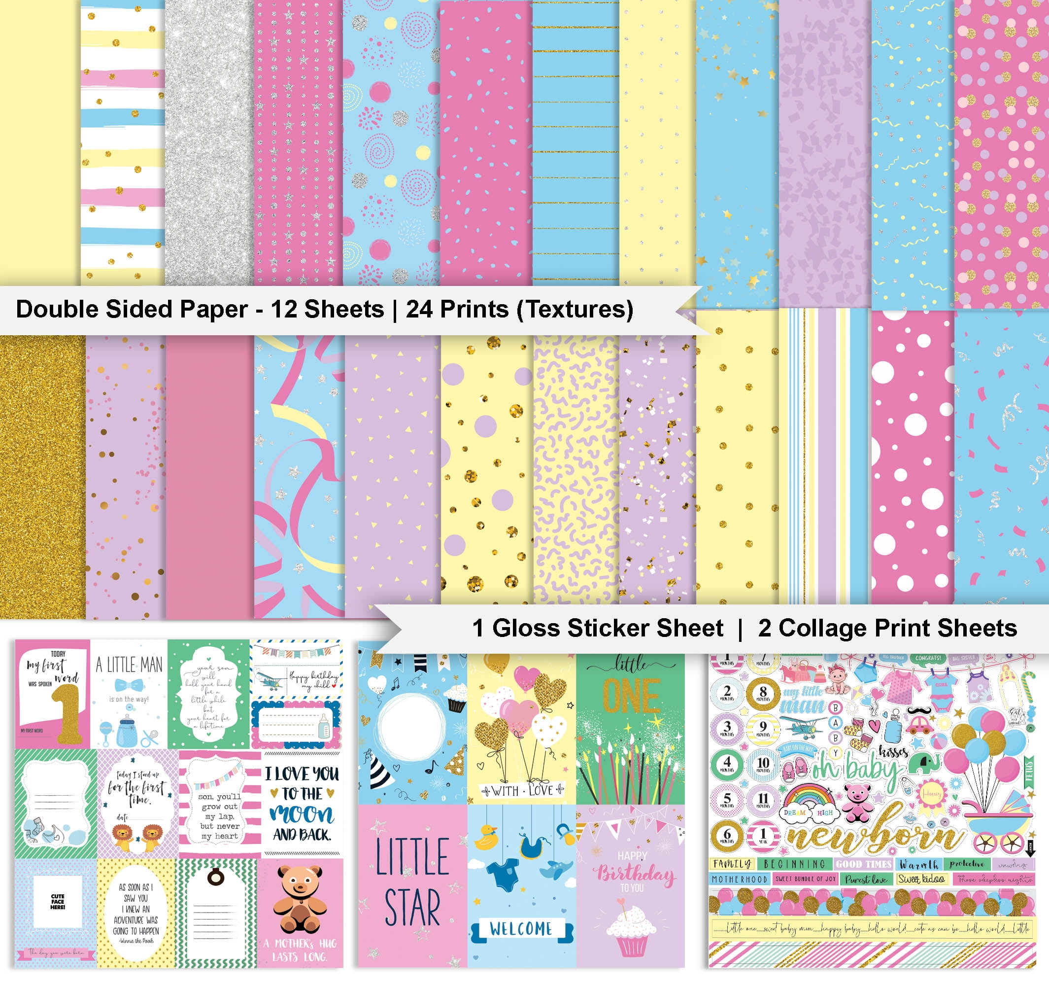 Inkdotpot Baby Theme Pastel Confetti Collection Double-Sided Scrapbook Paper Kit Cardstock 12"x12" Card Making Paper Pack Of With Sticker Sheet - 16 Pages - Multicolor